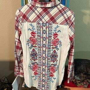 Savanna Jane Red and Blue Plaid Shirt with Embroidery
